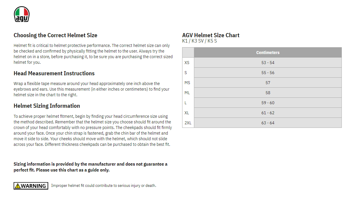 AGV K3 Mono Solid Full Face Motorcycle Helmet description - size chart