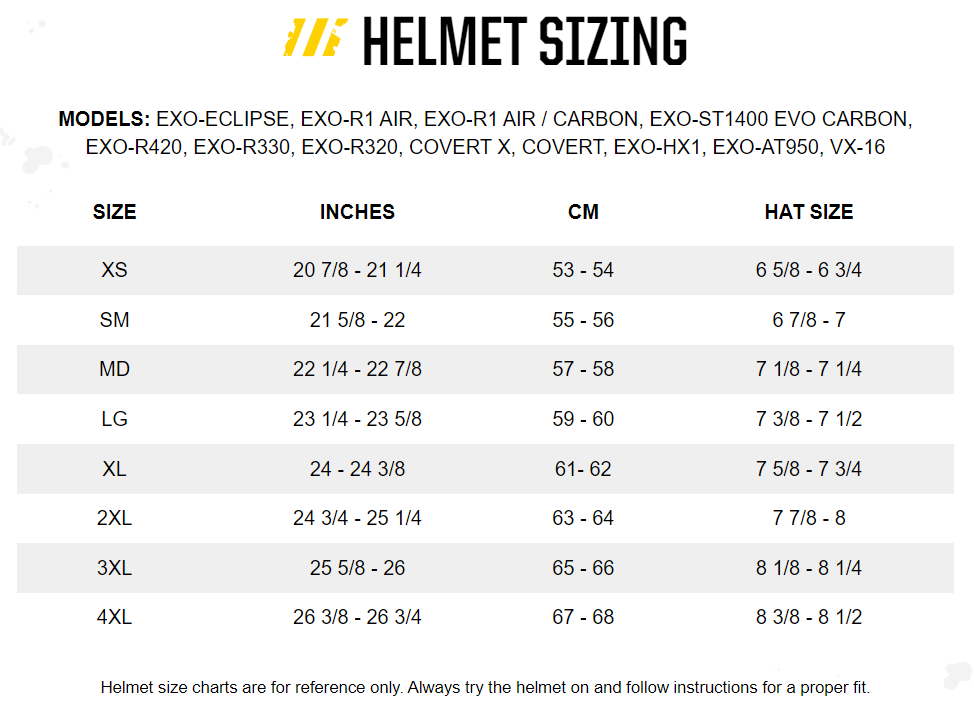 Scorpion Exo Apex Eclipse Solid Full Face Motorcycle Helmet - size chart