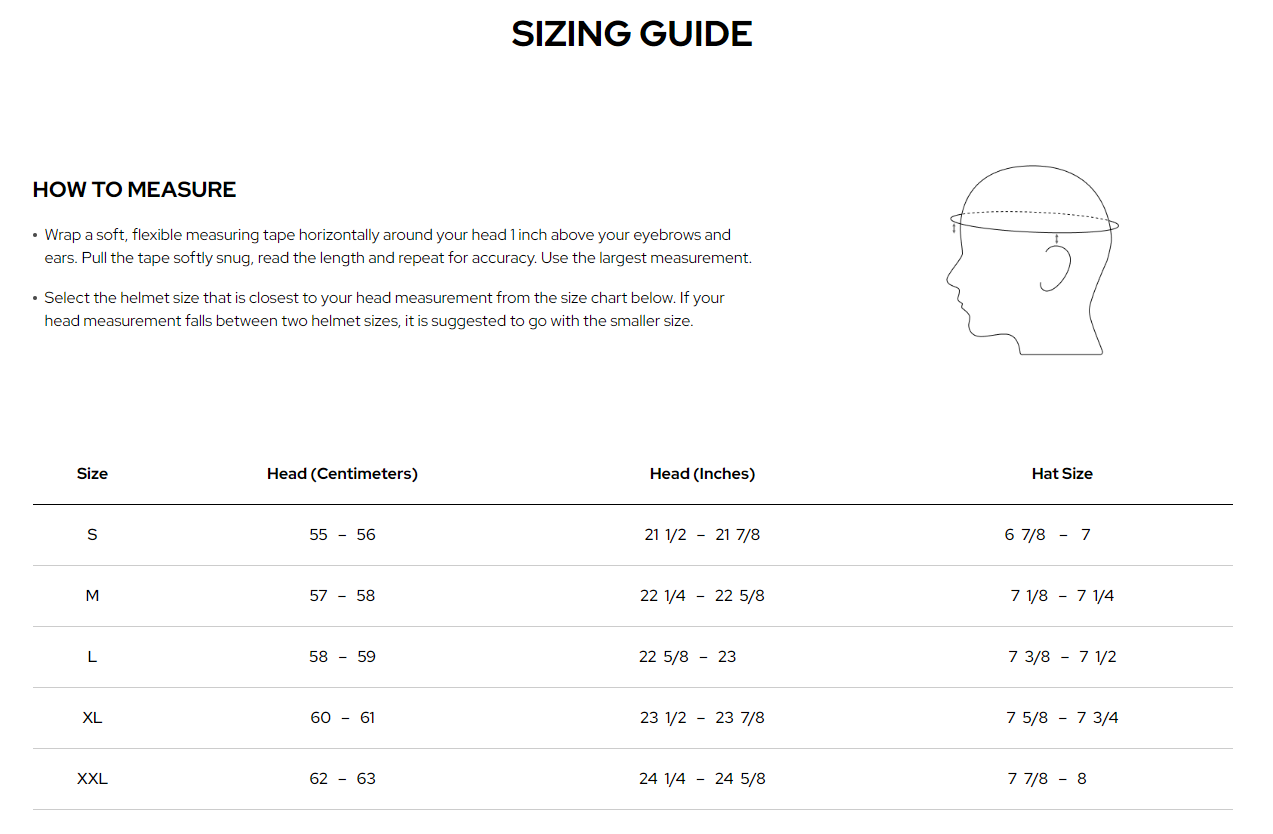 Sena Stryker Mesh Intercom Helmet - size chart