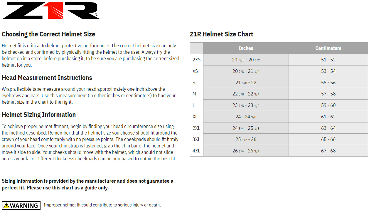 Z1R Warrant Carbon Full Face Motorcycle Helmet - Sizechart