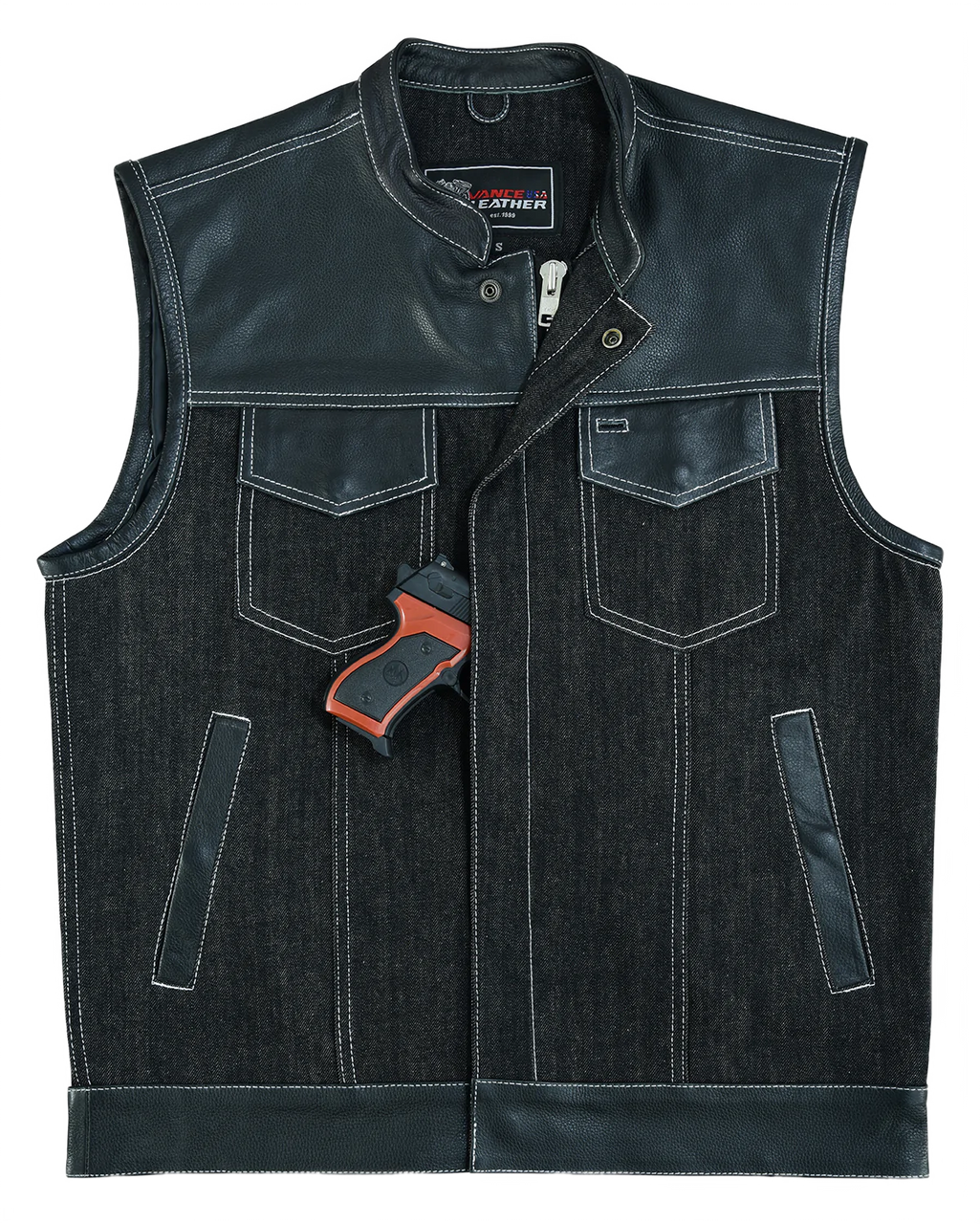 Men's Black Denim & Leather Motorcycle Vest Blue Thread | RebelsMarket