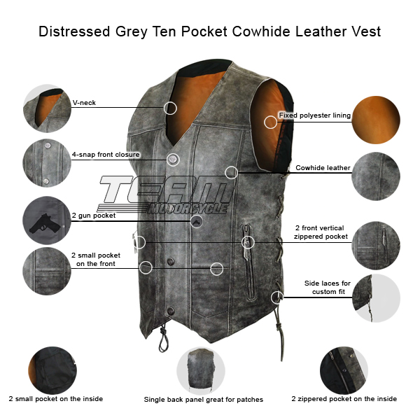 Jafrum Distressed Grey Ten Pocket Cowhide Leather Motorcycle Vest ...