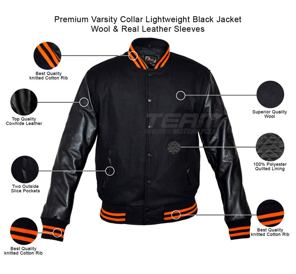 Mens Black Lightweight Wool with Real Leather Premium Varsity Letterman ...