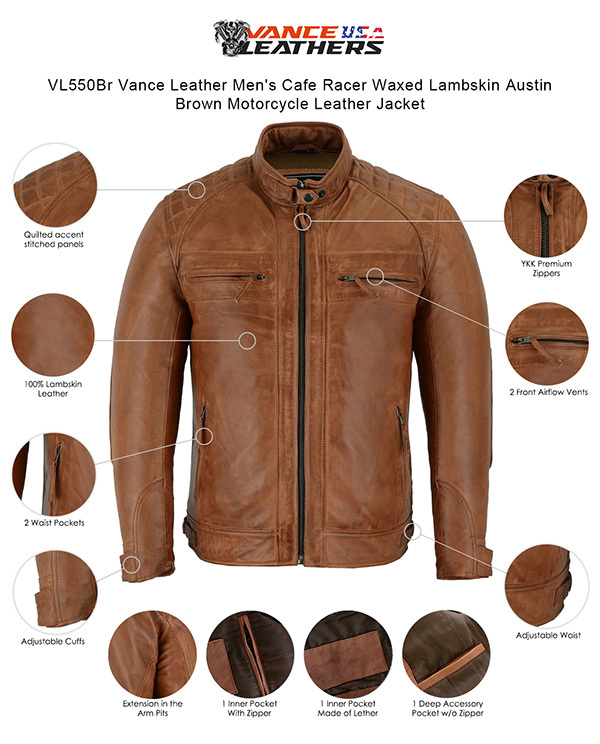 VL550Br Vance Leather Men's Cafe Racer Waxed Lambskin Austin Brown ...