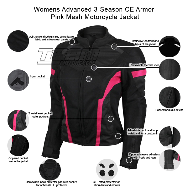 Advance Vance VL1674P Women's Black Pink All Weather Season CE Armor Lady  Biker Mesh Textile Motorcycle Riding Jacket