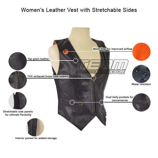 Women's Leather Vest with Stretchable Sides - Team Motorcycle