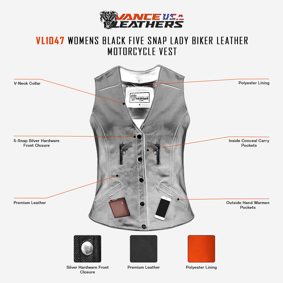 Vance Womens Black Five Snap Lady Biker Leather Motorcycle Vest infographic