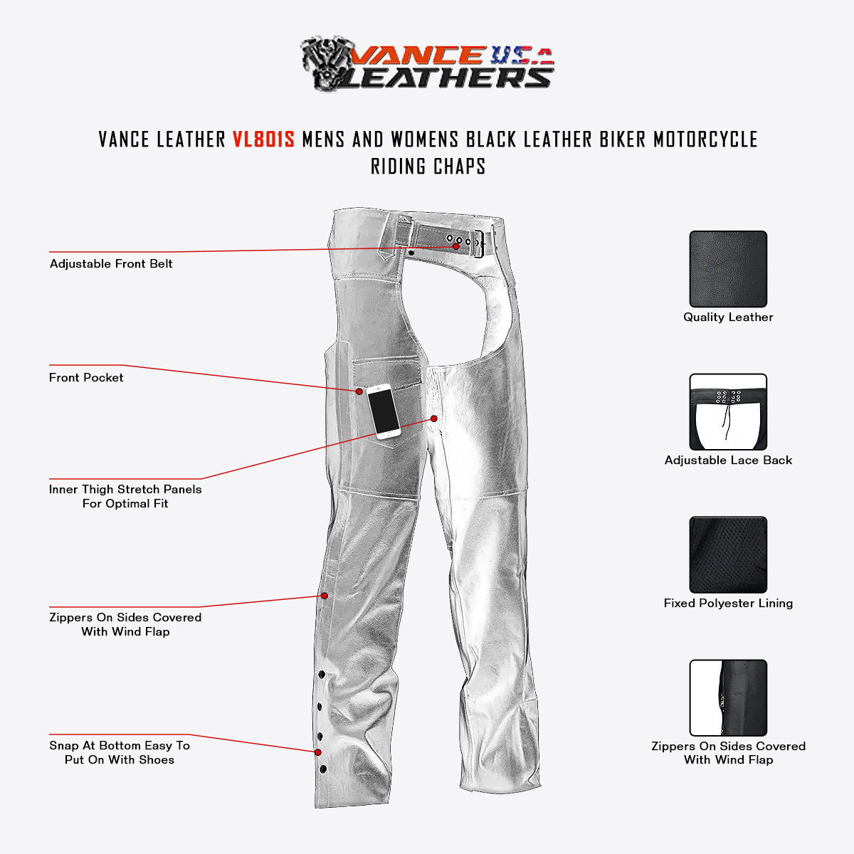 Black Leather Bike Riding Chaps - Team Motorcycle