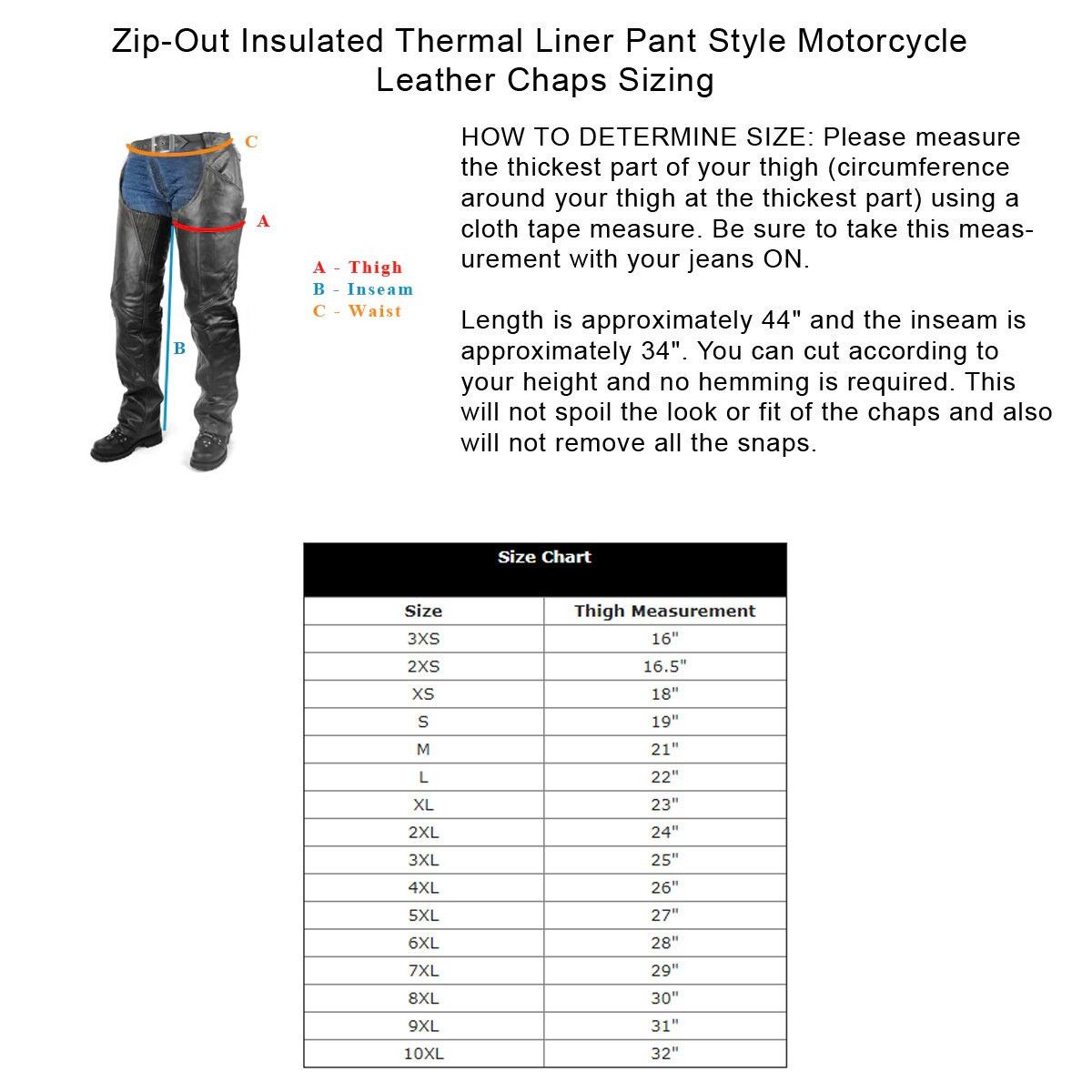 Men's Black Zip-out Pants Style Leather Motorcycle Chaps