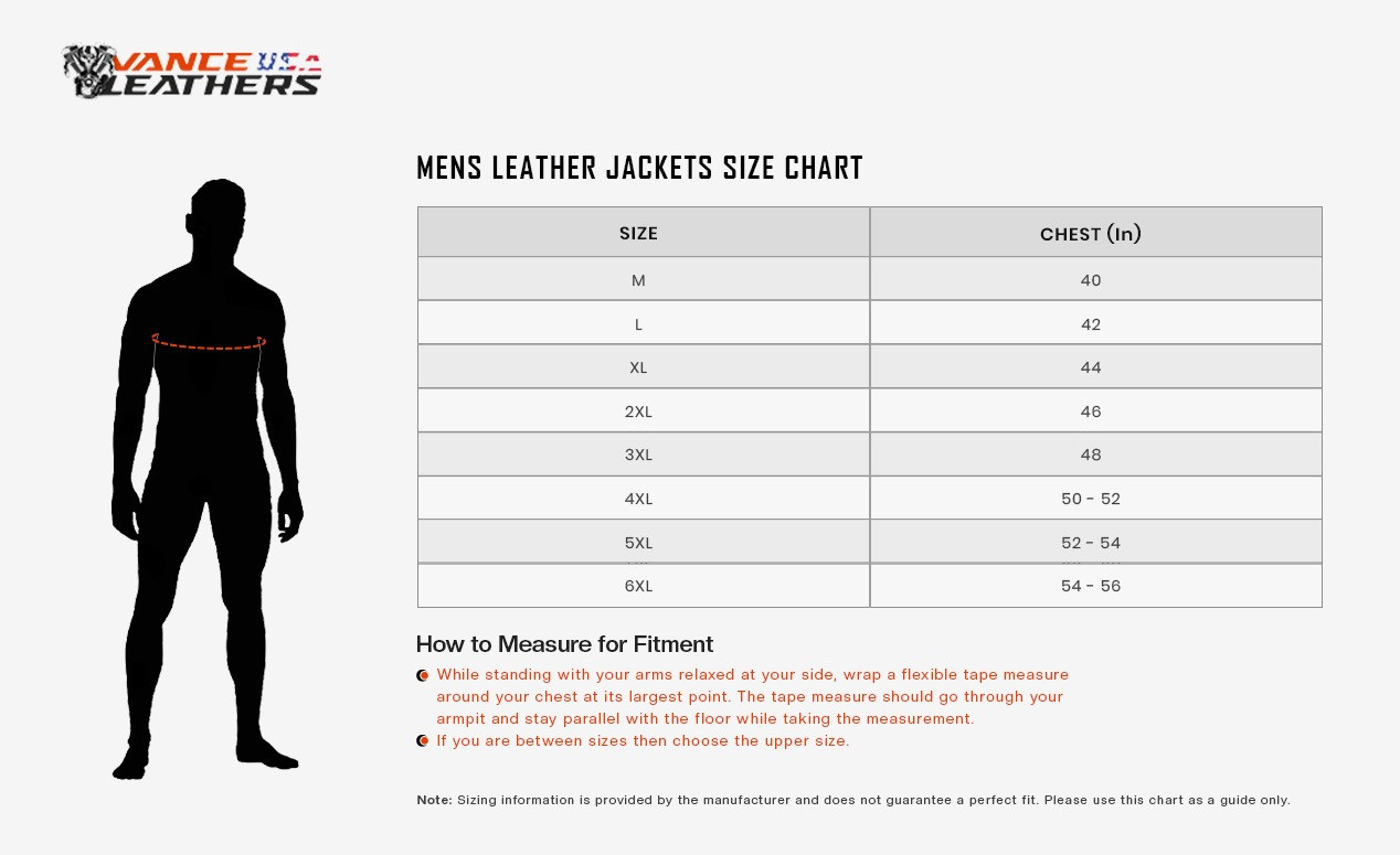 Vance Leathers Mens Top Performer Motorcycle Leather Jacket with Double Conceal Carry Pockets-sizechart
