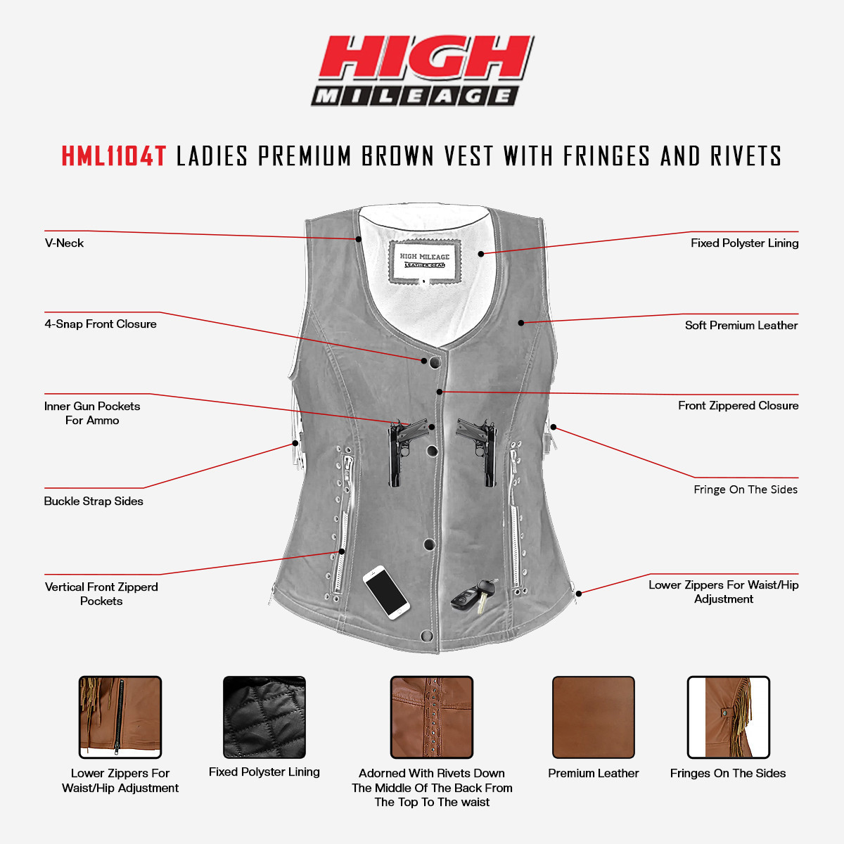 HML1104T Ladies Premium Brown Vest with Fringes and Rivets infographic