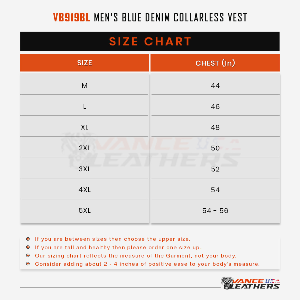 VB919 Men's Blue Denim Collarless Vest infographic