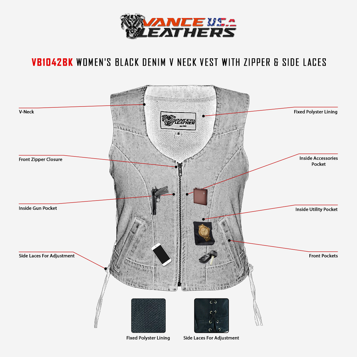 VB1042 Women's Black & Blue Denim V Neck Vest with Zipper & side laces infographic