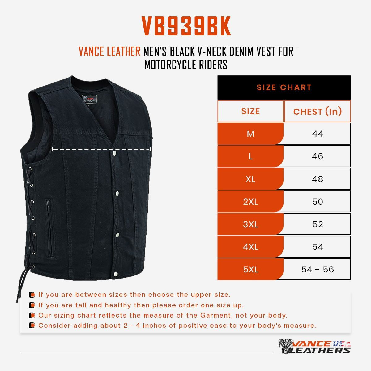 VB939bl Men's black Denim Collarless Vest sizechart 