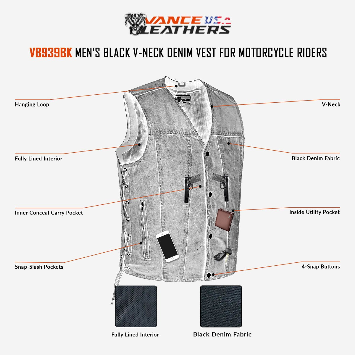 VB939bk Men's black Denim Collarless Vest infographic