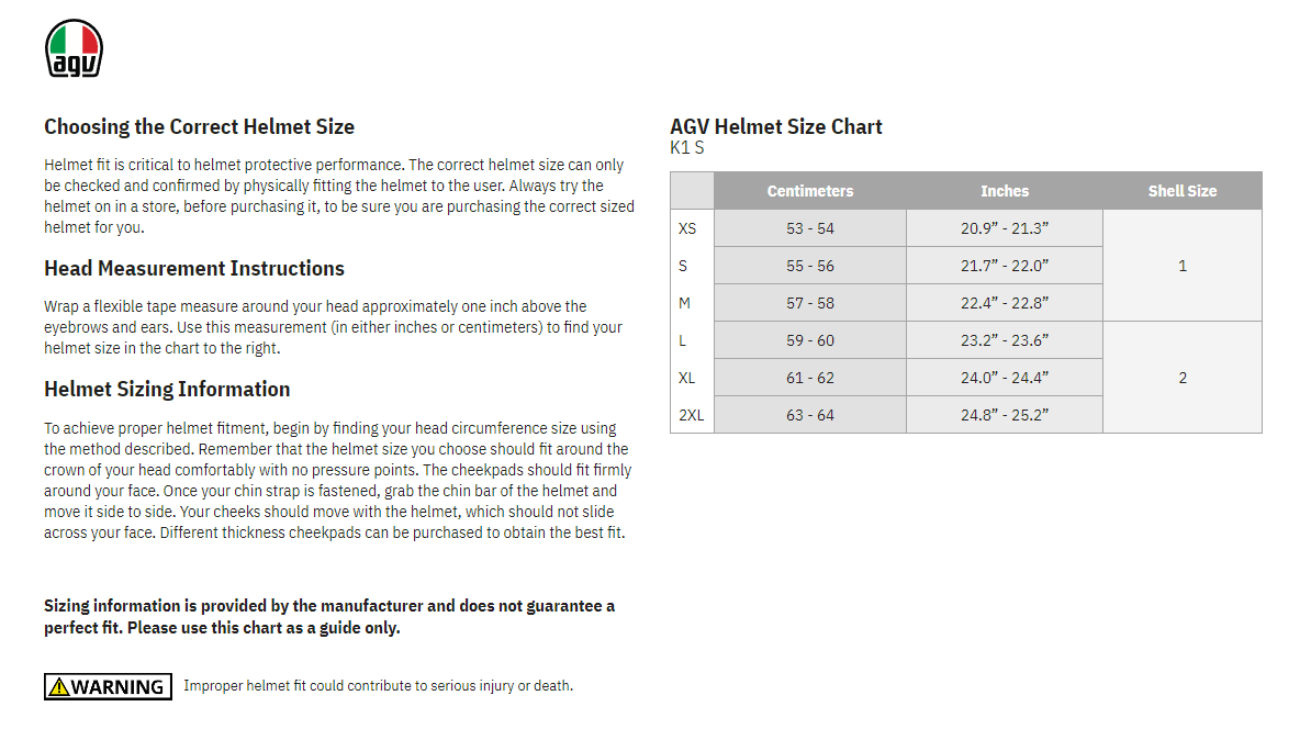  AGV K1 S Blipper Full Face Motorcycle Helmet - description - size chart
