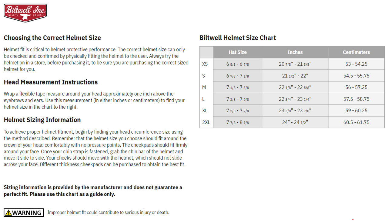 Biltwell Gringo S Solid Full Face Motorcycle Helmet -  Size chart 
