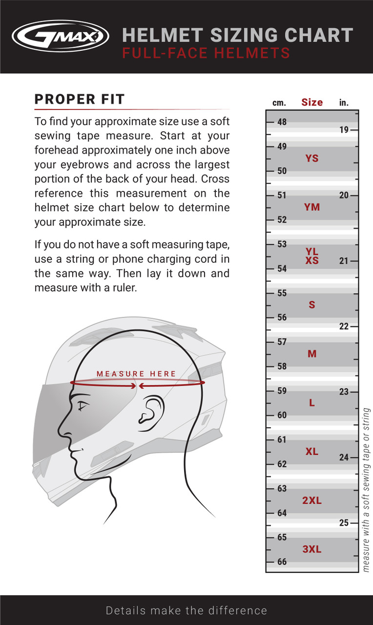 Gmax MD-01S Transistor Snow Modular Helmet w/ Electric Shield - Size chart