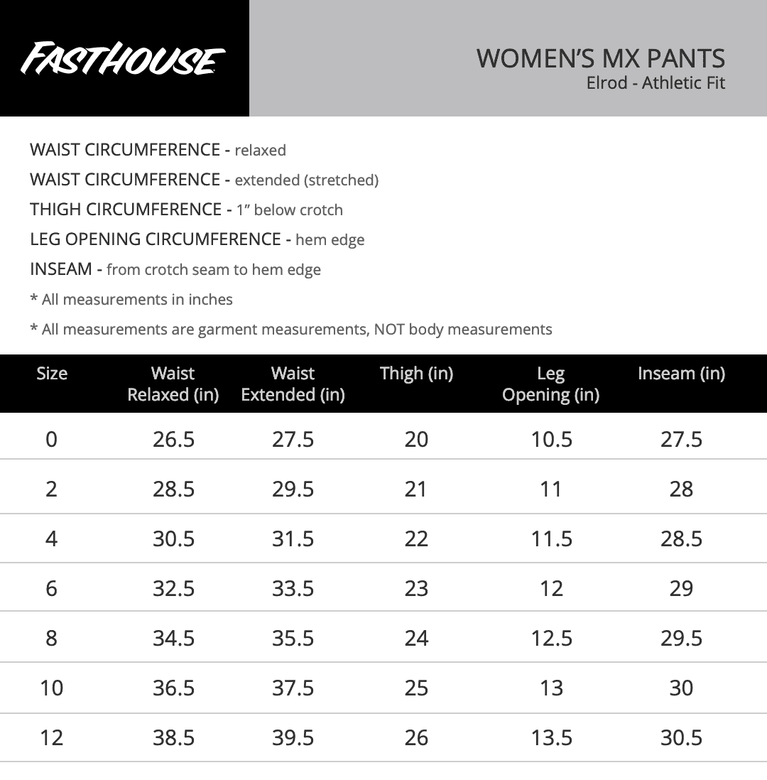 Fasthouse Elrod Golden Women's Pants - Size chart