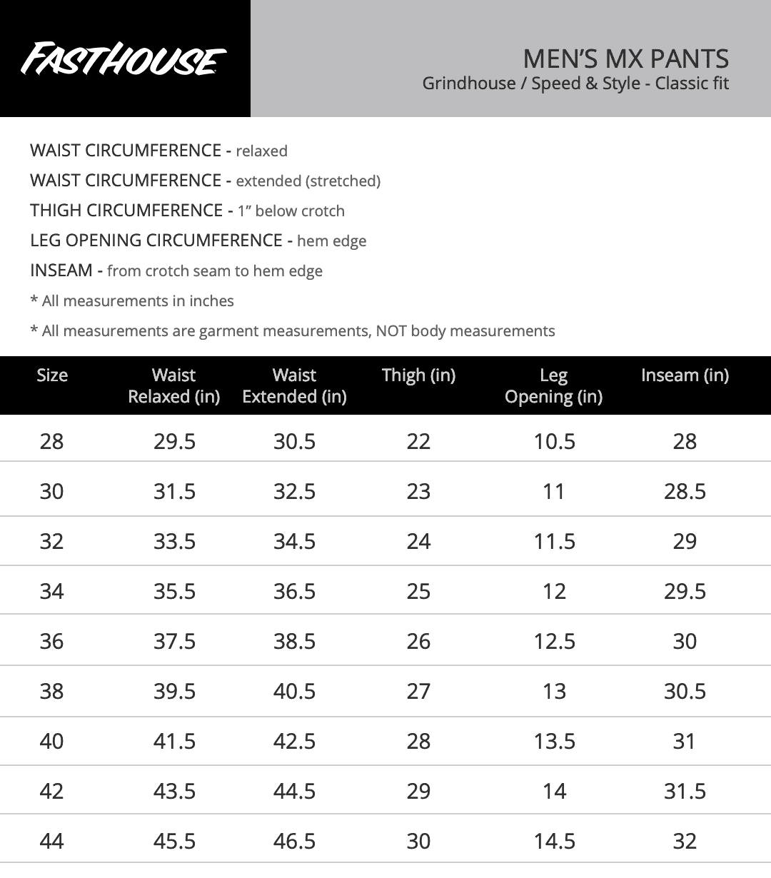 Fasthouse Speed Style Tempo Pants - Size chart