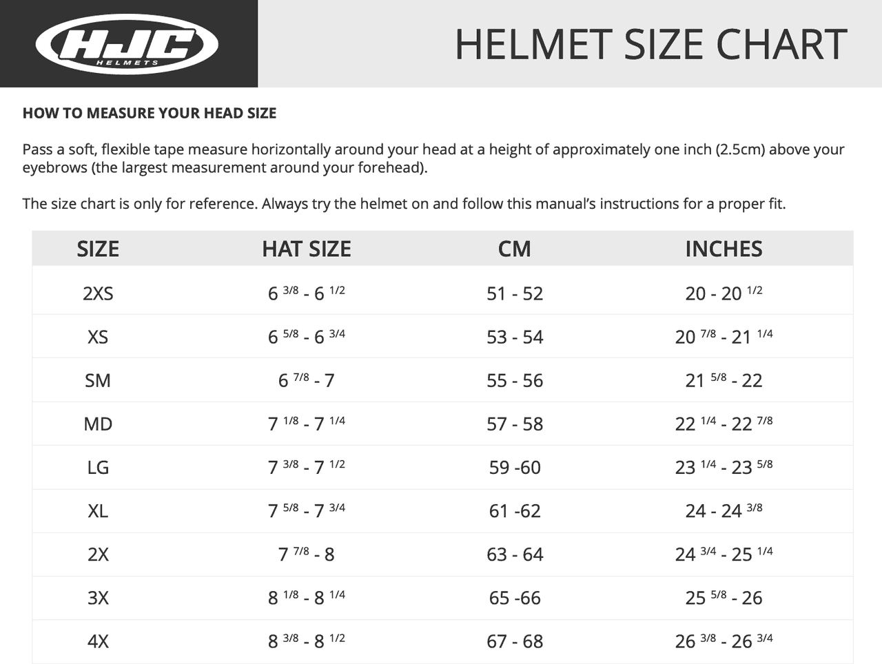 HJC i20 Furia Open Face Motorcycle Helmet-Size chart