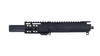 Front angle view of flash can muzzle device protruding from 4 inch M-LOK handguard on black 9mm upper receiver