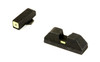 Ameriglo Green Tritium Sights for Glock. Highlights the durable steel construction, green square outline front sight post with tritium vial, and matching square outline rear dovetail sight.