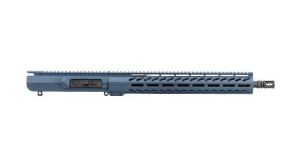 This AR-10 upper receiver features a 16" heavy barrel with mid length gas system and a blue titanium cerakote finish