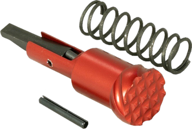 Timber Creek AR Forward Assist in a vibrant red anodized finish, displayed alongside its matching spring and roll pin on a neutral background.