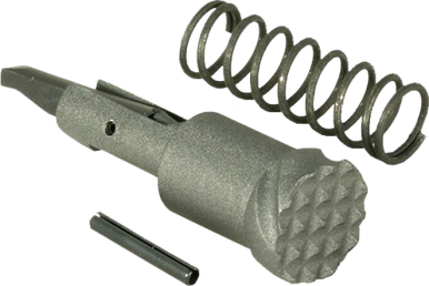 Timber Creek AR Forward Assist in a tungsten gray finish, displayed alongside its matching spring and roll pin on a neutral background.