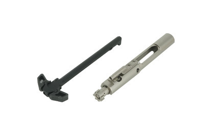 Nickel Boron M16 Bolt Carrier Group in a matte silver finish paired with a black anodized 7075 aluminum ambidextrous charging handle displayed together against a neutral background.