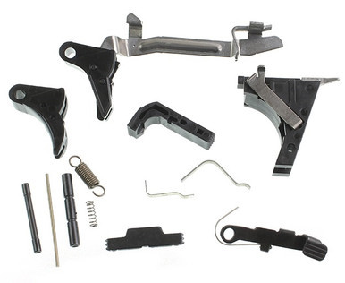 Polymer80 lower parts kit trigger assembly showing flat trigger shoe, curved shoe, trigger bar, and housing,  Polymer 80 Pistol Frame Completion Lower Parts Kit for P80 G17 G19 and G26 frames, Complete internal components and pin set for P80 frame completion lower parts kit