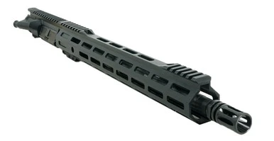 Close-up of 15 inch Octo Series M-LOK handguard and 300 Blackout barrel finish