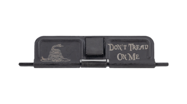 Close-up detail of the custom laser-engraved Don't Tread On Me artwork on the steel ejection port cover