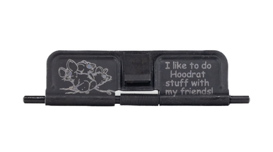 Close-up view of the laser-engraved Hoodrat Stuff design on the steel ejection port dust cover