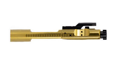 Gold AR15 Bolt Carrier Group completely assembled with tool steel extractor and spring setup