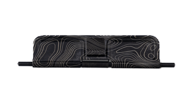 Close-up detail of the custom laser-engraved topographic map design on the steel dust cover