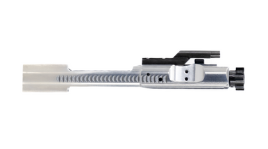 Chrome AR15 Bolt Carrier Group assembly displaying slick chrome finish and Carpenter 158 bolt, Chrome AR15 Bolt Carrier Group fully assembled with tool steel extractor and spring assembly