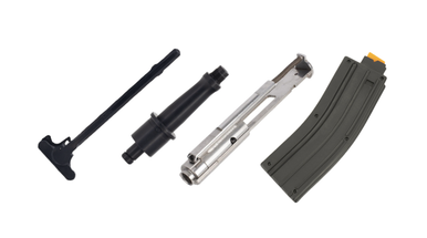 Complete .22LR AR-15 conversion kit featuring 4.5 inch nitride barrel, stainless steel bolt carrier group, mil-spec charging handle, and 25 round magazine