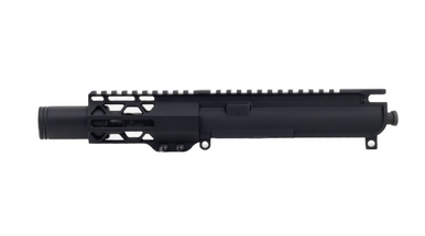 Close-up of Always Armed 4.25 inch TRX Series M-LOK handguard and smooth flash can muzzle device on .22LR upper