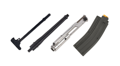 Complete .22LR AR-15 conversion kit featuring 9 inch nitride barrel, stainless steel bolt carrier group, mil-spec charging handle, and 25 round magazine