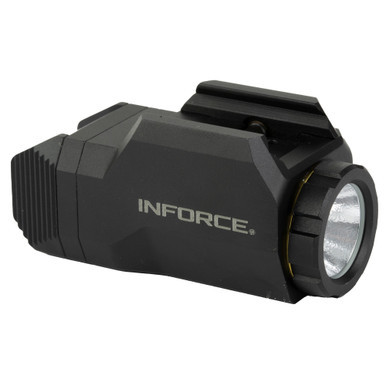 Close-up view of the white LED emitter and bezel on the compact INFORCE Wild1 weapon light