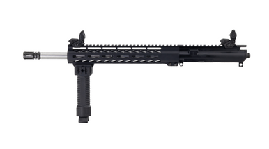 Top and angled view showing installed Trinity Force flip-up sights and Shooter's Gate bipod on 12 inch M-LOK handguard