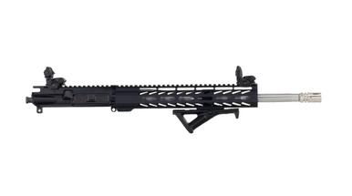 Top and angled view showing installed pop-up sights and angled foregrip on 15-inch free float M-LOK handguard