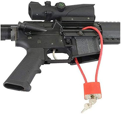 Close-up of the non-scratch orange plastic coating and key lock cylinder on the DAC 15-inch cable gun lock.