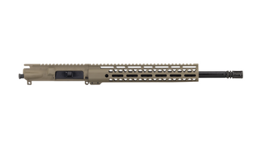 Close-up of the forged Mil-Spec 7075-T6 aluminum upper receiver in FDE Cerakote, displaying dust cover and forward assist details.