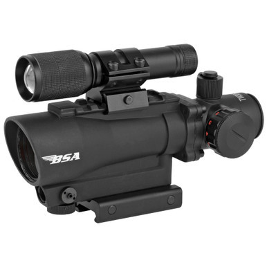BSA Optics Tactical Weapon 1x30 scope in Black featuring mounted red laser sight and tactical flashlight accessory.