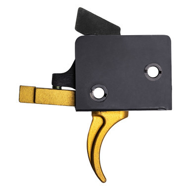 CMC Single Stage Curved Trigger in Gold with included anti-walk pin set on a clean background.