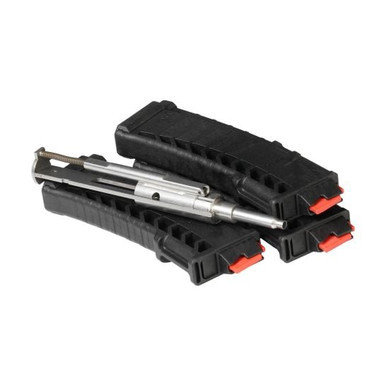 CMMG 22LR AR conversion kit bolt group alongside three 25-round magazines on a clean background.