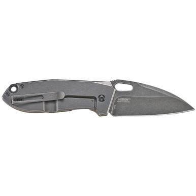 Side view of the CRKT Heron folding knife displaying the open 8Cr14MoV steel blade and thumb slot deployment feature.